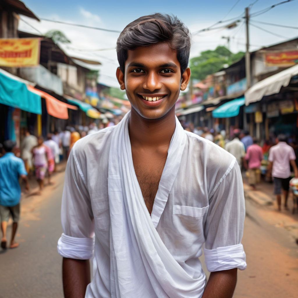 a young Sri Lankan man in his mid-20s. He has short, dark hair and a friendly smile. His outfit reflects traditional Sri Lankan fashion: he is wearing a white sarong paired with a traditional shirt. The background features a vibrant Sri Lankan street with bustling markets and traditional architecture, capturing the essence of Sri Lankan culture and style.