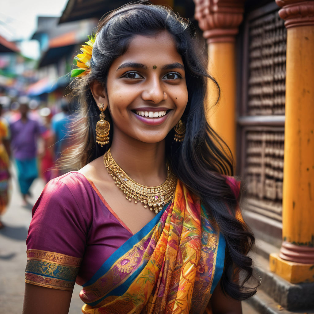 a young Sri Lankan woman in her mid-20s. She has long, dark hair and a bright smile. Her outfit reflects traditional Sri Lankan fashion: she is wearing a colorful saree with intricate patterns, paired with traditional jewelry. The background features a lively Sri Lankan street with bustling markets and traditional architecture, capturing the essence of Sri Lankan culture and style.