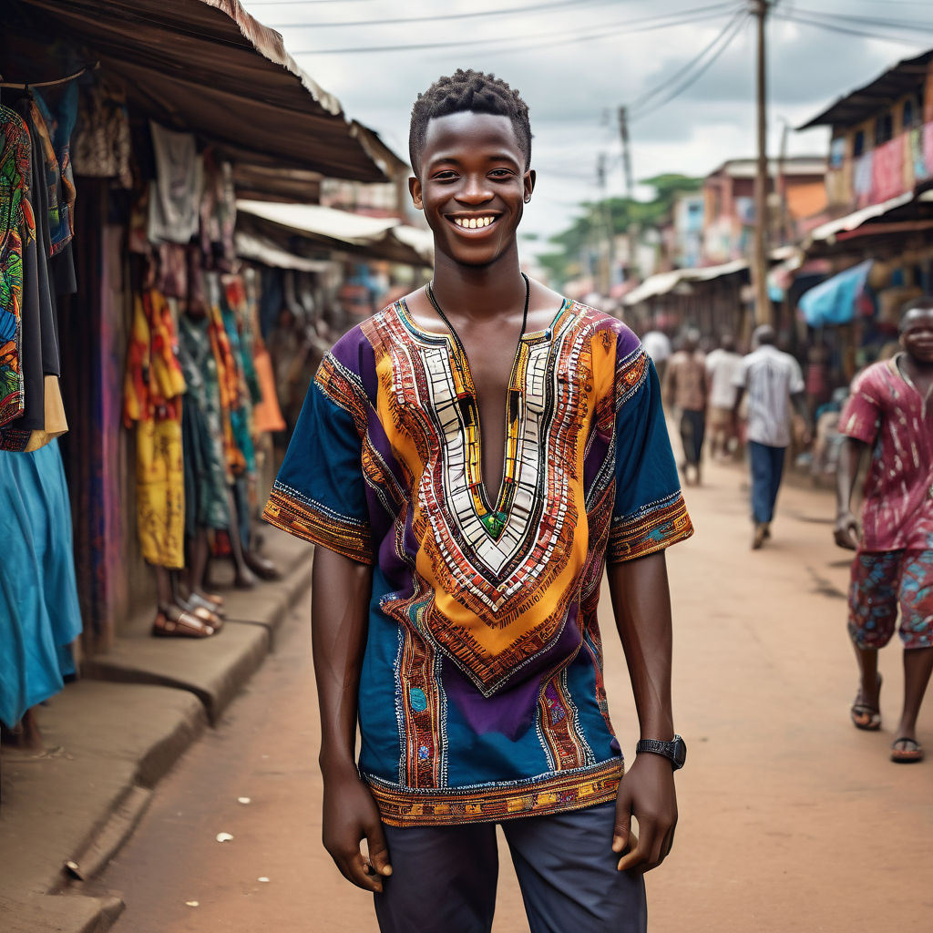 a young Liberian man in his mid-20s from Liberia. He has short, curly black hair and a warm smile. His outfit reflects traditional Liberian fashion: he is wearing a colorful, embroidered dashiki shirt paired with comfortable trousers and leather sandals. The background features a lively Liberian street with bustling markets and traditional architecture, capturing the essence of Liberian culture and style.