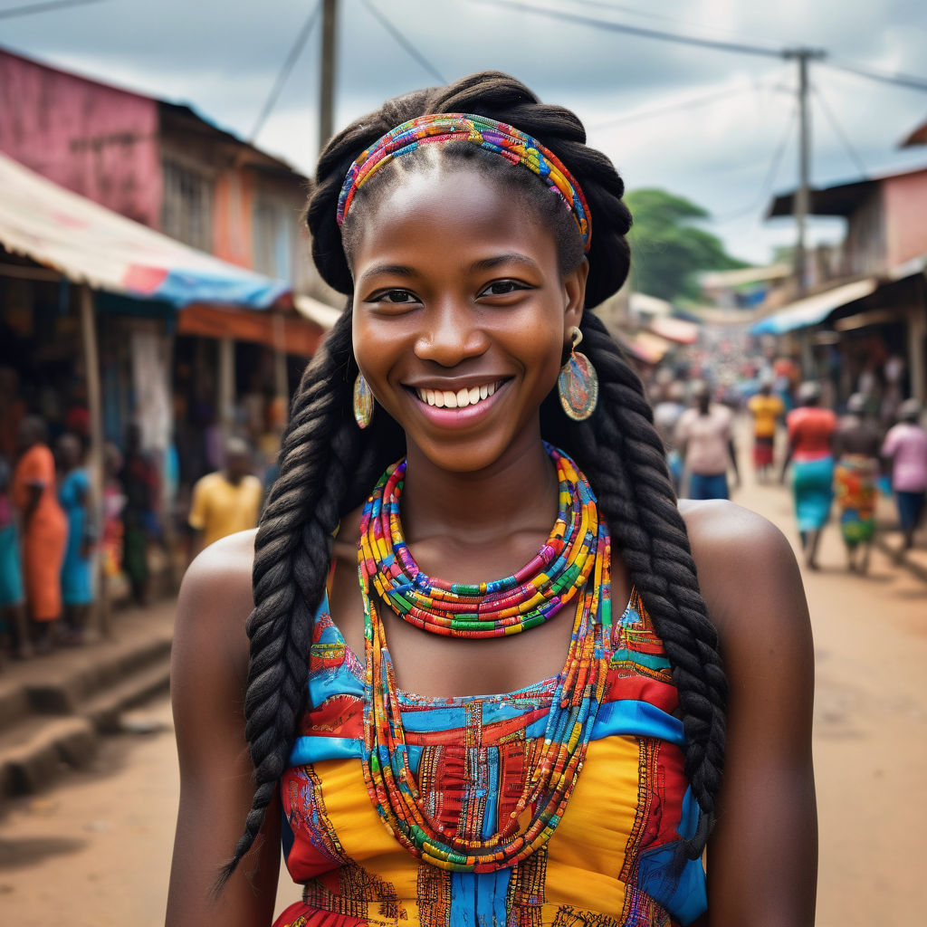 a young Liberian woman in her mid-20s from Liberia. She has long, braided black hair and a bright smile. Her outfit reflects traditional Liberian fashion: she is wearing a colorful, embroidered lappa dress paired with traditional jewelry. The background features a lively Liberian street with bustling markets and traditional architecture, capturing the essence of Liberian culture and style.