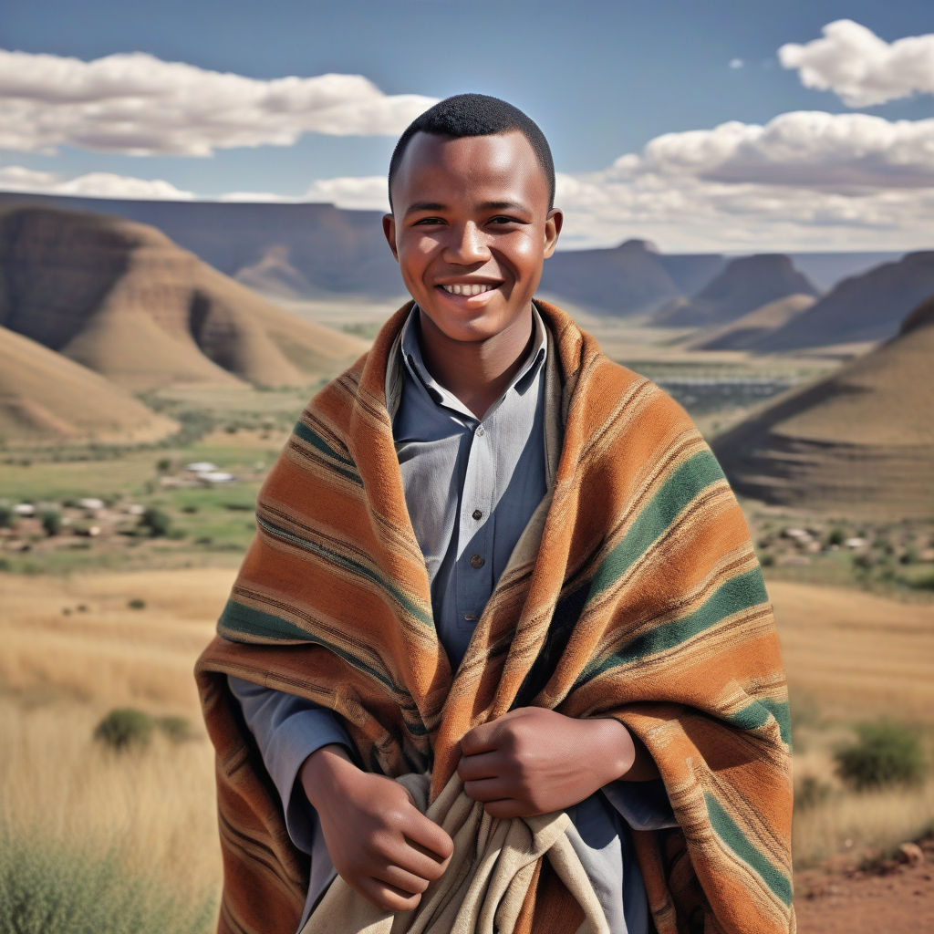 a young Basotho man in his mid-20s from Lesotho. He has short, curly black hair and a warm smile. His outfit reflects traditional Lesotho fashion: he is wearing a Basotho blanket draped over his shoulders, paired with a seshoeshoe shirt and traditional trousers. The background features a picturesque Lesotho landscape with mountains and traditional huts, capturing the essence of Lesotho culture and style.