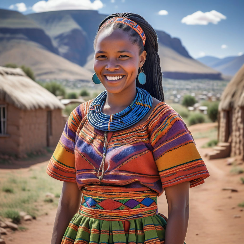 a young Basotho woman in her mid-20s from Lesotho. She has long, braided black hair and a bright smile. Her outfit reflects traditional Lesotho fashion: she is wearing a seshoeshoe dress with vibrant patterns, paired with traditional jewelry. The background features a picturesque Lesotho landscape with mountains and traditional huts, capturing the essence of Lesotho culture and style.