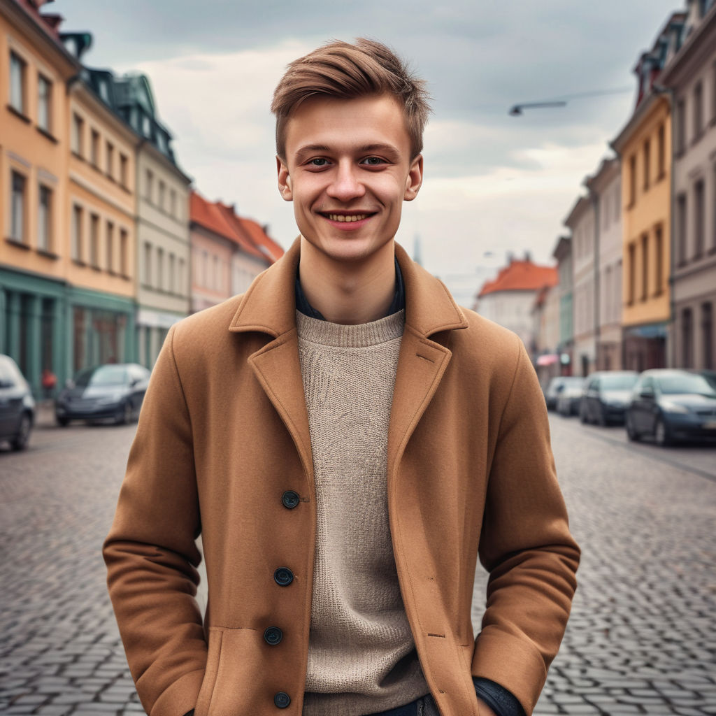 a young Lithuanian man in his mid-20s. He has short, light brown hair and a friendly smile. His outfit reflects modern Lithuanian fashion: he is wearing a stylish, fitted coat over a casual sweater, paired with slim-fit jeans and leather shoes. The background features a picturesque Lithuanian street with historic buildings and a vibrant atmosphere, capturing the essence of Lithuanian culture and style.