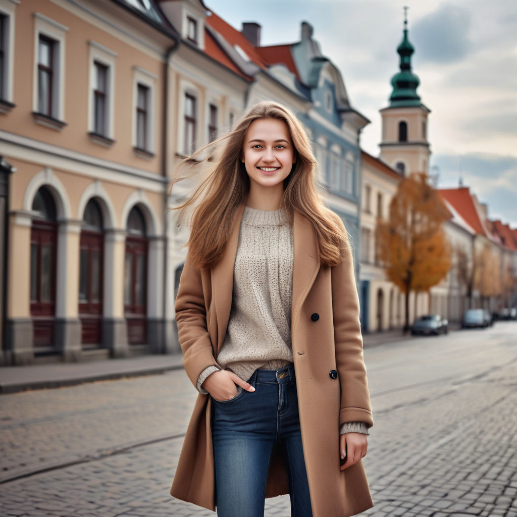 a young Lithuanian woman in her mid-20s. She has long, light brown hair and a warm smile. Her outfit reflects modern Lithuanian fashion: she is wearing a stylish, fitted coat over a cozy sweater, paired with slim-fit jeans and ankle boots. The background features a picturesque Lithuanian street with historic buildings and a vibrant atmosphere, capturing the essence of Lithuanian culture and style.