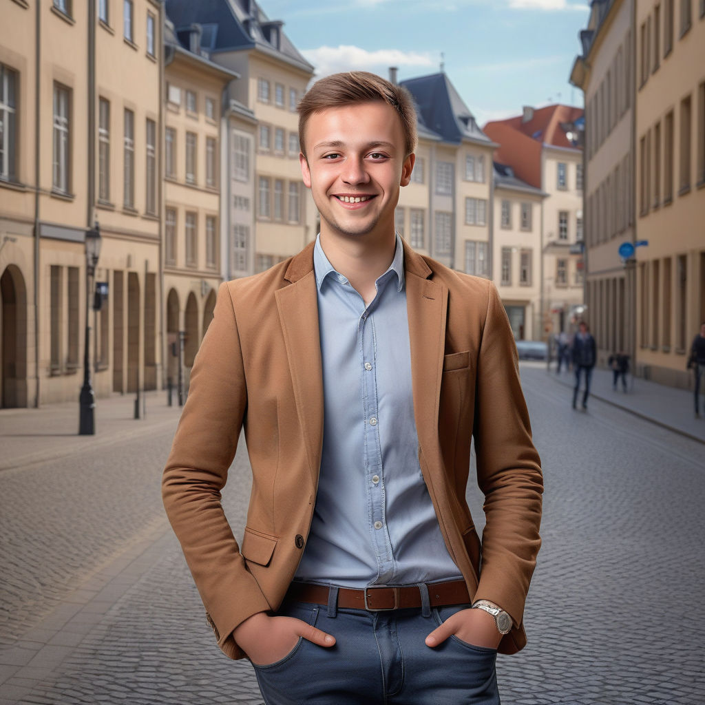 a young Luxembourgian man in his mid-20s from Luxembourg. He has short, light brown hair and a friendly smile. His outfit reflects modern Luxembourgian fashion: he is wearing a stylish, fitted blazer over a casual shirt, paired with slim-fit jeans and leather shoes. The background features a picturesque Luxembourg street with historic buildings and a vibrant atmosphere, capturing the essence of Luxembourgian culture and style.