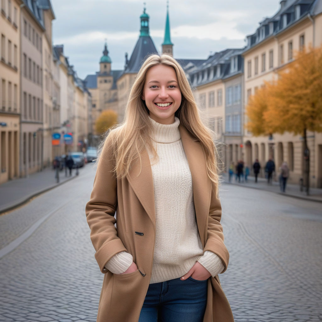 a young Luxembourgian woman in her mid-20s from Luxembourg. She has long, blonde hair and a bright smile. Her outfit reflects modern Luxembourgian fashion: she is wearing a stylish, fitted coat over a cozy sweater, paired with slim-fit jeans and ankle boots. The background features a picturesque Luxembourg street with historic buildings and a vibrant atmosphere, capturing the essence of Luxembourgian culture and style.