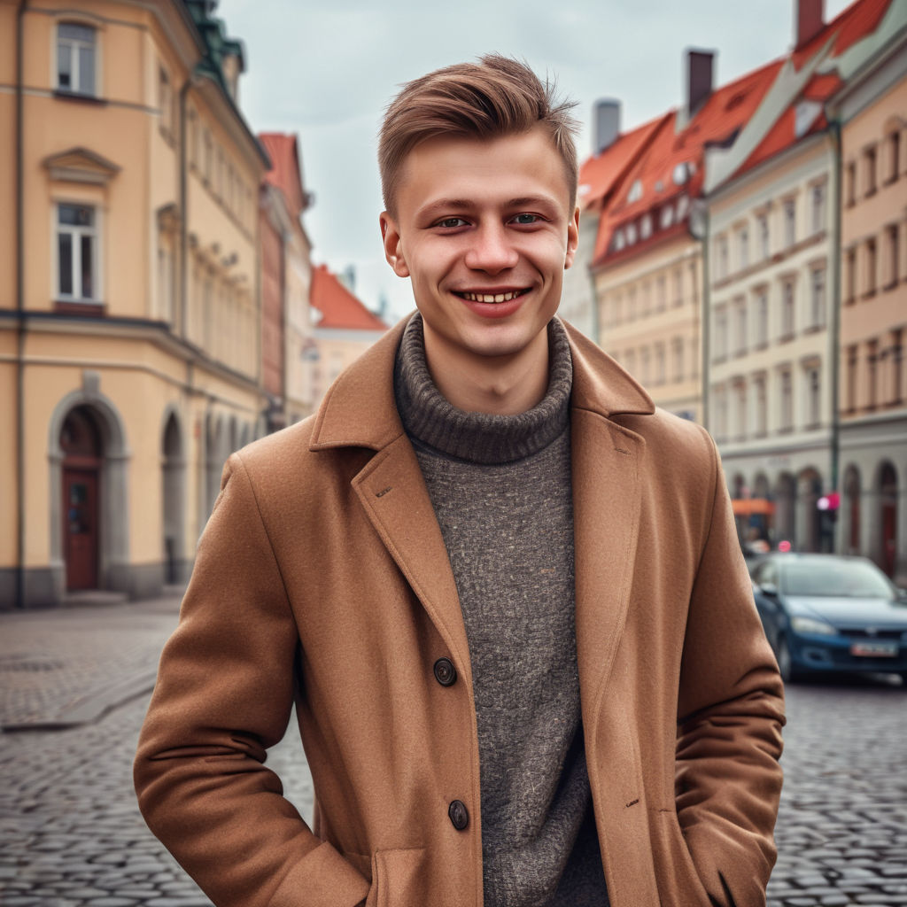 a young Latvian man in his mid-20s. He has short, light brown hair and a friendly smile. His outfit reflects modern Latvian fashion: he is wearing a stylish, fitted coat over a casual sweater, paired with slim-fit jeans and leather shoes. The background features a picturesque Latvian street with historic buildings and a cozy atmosphere, capturing the essence of Latvian culture and style.