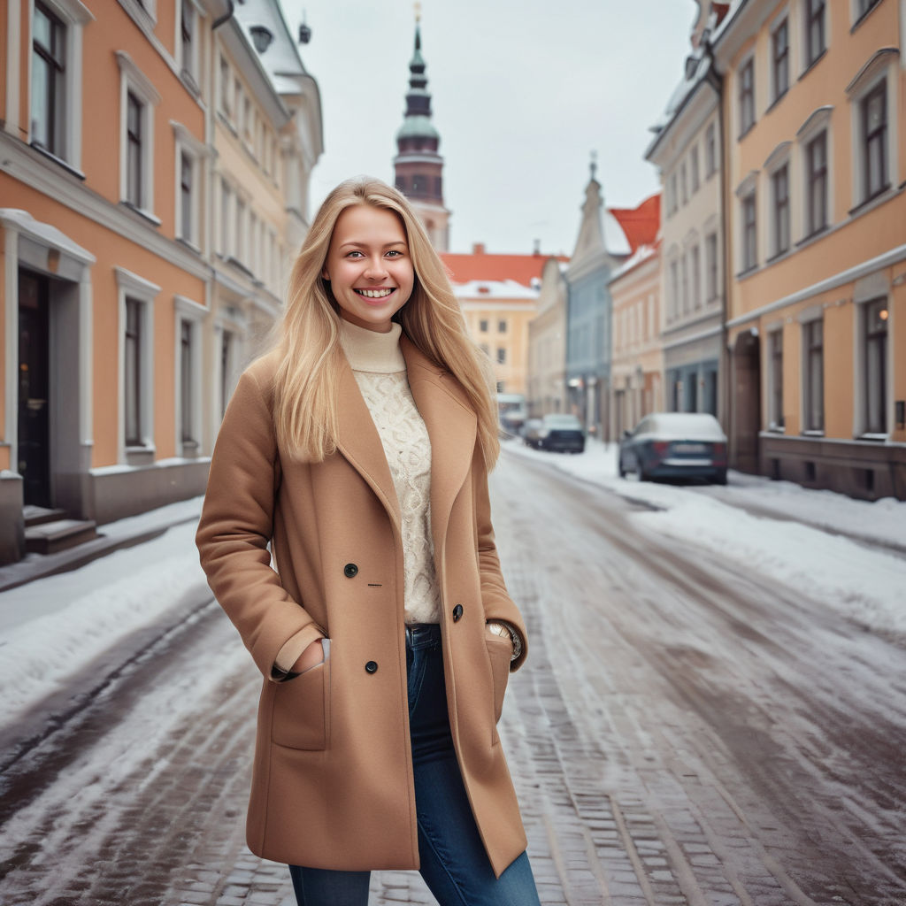 a young Latvian woman in her mid-20s. She has long, blonde hair and a bright smile. Her outfit reflects modern Latvian fashion: she is wearing a stylish, fitted coat over a cozy sweater, paired with slim-fit jeans and ankle boots. The background features a picturesque Latvian street with historic buildings and a cozy atmosphere, capturing the essence of Latvian culture and style.