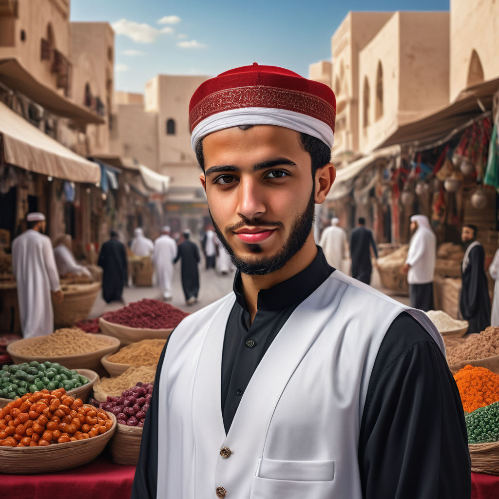 a young Libyan man in his mid-20s. He has short, dark hair and a neatly groomed beard. His outfit reflects traditional Libyan fashion: he is wearing a white thobe paired with a black vest and a red shashiya hat. The background features a lively Libyan street with traditional markets and historic architecture, capturing the essence of Libyan culture and style.