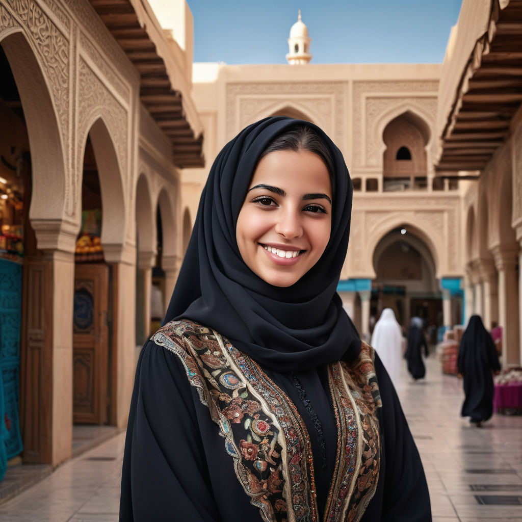 a young Libyan woman in her mid-20s. She has long, dark hair and a warm smile. Her outfit reflects traditional Libyan fashion: she is wearing an elegant abaya with intricate embroidery, paired with a matching hijab. The background features a lively Libyan street with traditional markets and historic architecture, capturing the essence of Libyan culture and style.