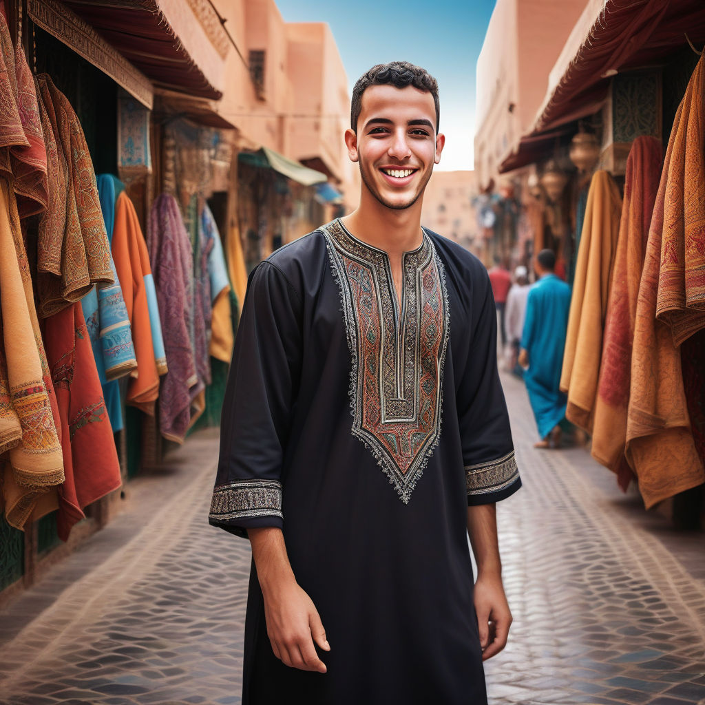 a young Moroccan man in his mid-20s. He has short, dark hair and a warm smile. His outfit reflects modern Moroccan fashion: he is wearing a traditional djellaba with intricate embroidery, paired with leather sandals. The background features a bustling Moroccan street with vibrant markets and traditional architecture, capturing the essence of Moroccan culture and style.