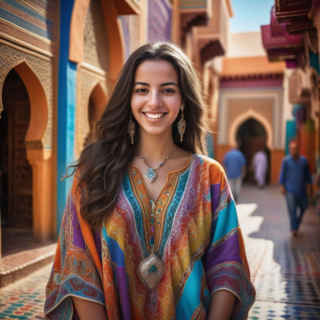 a young Moroccan woman in her mid-20s. She has long, dark hair and a warm smile. Her outfit reflects modern Moroccan fashion: she is wearing a colorful kaftan with intricate patterns, paired with traditional jewelry. The background features a lively Moroccan street with vibrant markets and traditional architecture, capturing the essence of Moroccan culture and style.