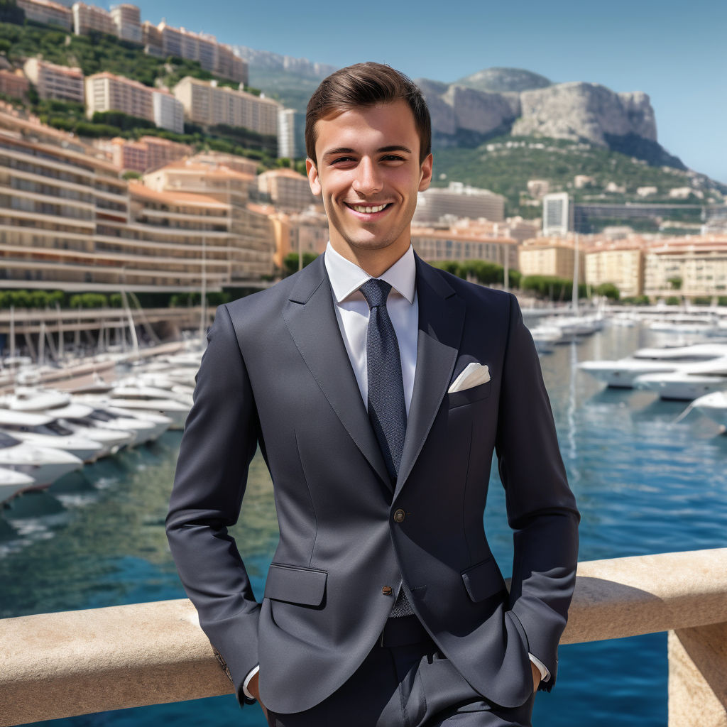 a young Monégasque man in his mid-20s from Monaco. He has short, dark hair and a confident, friendly smile. His outfit reflects traditional Monégasque fashion: he is wearing a stylish, tailored suit with a crisp shirt, paired with polished shoes. The background features a picturesque Monaco landscape with the harbor, luxury yachts, and elegant buildings, capturing the essence of Monégasque culture and style.