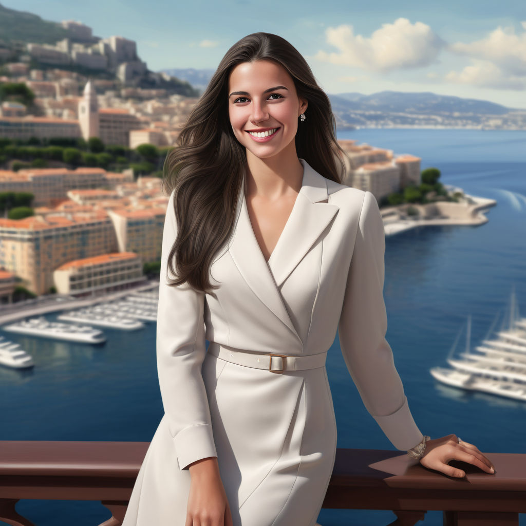 a young Monégasque woman in her mid-20s from Monaco. She has long, dark hair and a warm, elegant smile. Her outfit reflects traditional Monégasque fashion: she is wearing a stylish, tailored dress with sophisticated accessories, paired with elegant heels. The background features a picturesque Monaco landscape with the harbor, luxury yachts, and elegant buildings, capturing the essence of Monégasque culture and style.