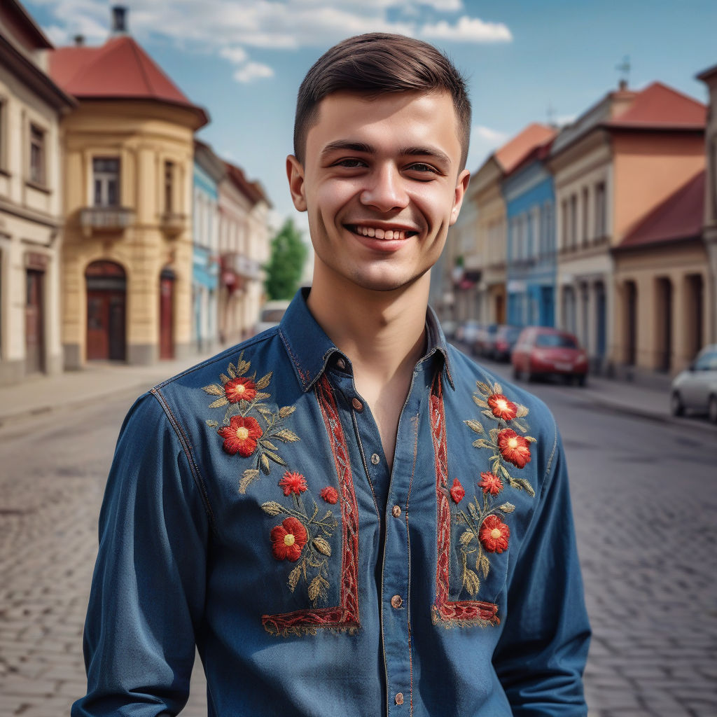 a young Moldovan man in his mid-20s. He has short, dark hair and a friendly smile. His outfit reflects modern Moldovan fashion: he is wearing a traditional embroidered shirt (ia) paired with slim-fit jeans and leather shoes. The background features a picturesque Moldovan street with historic buildings and a vibrant atmosphere, capturing the essence of Moldovan culture and style.