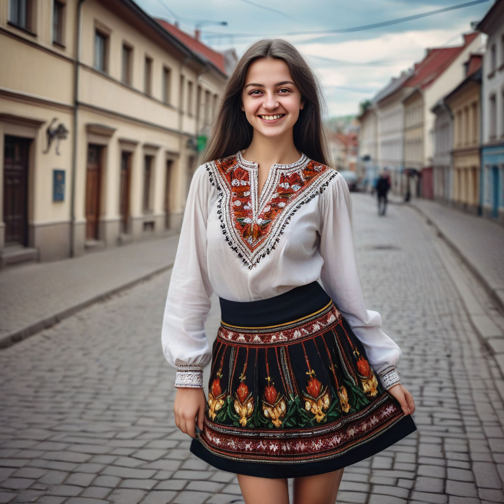 a young Moldovan woman in her mid-20s. She has long, dark hair and a warm smile. Her outfit reflects modern Moldovan fashion: she is wearing a traditional embroidered blouse (ia) paired with a stylish skirt and ankle boots. The background features a picturesque Moldovan street with historic buildings and a vibrant atmosphere, capturing the essence of Moldovan culture and style.