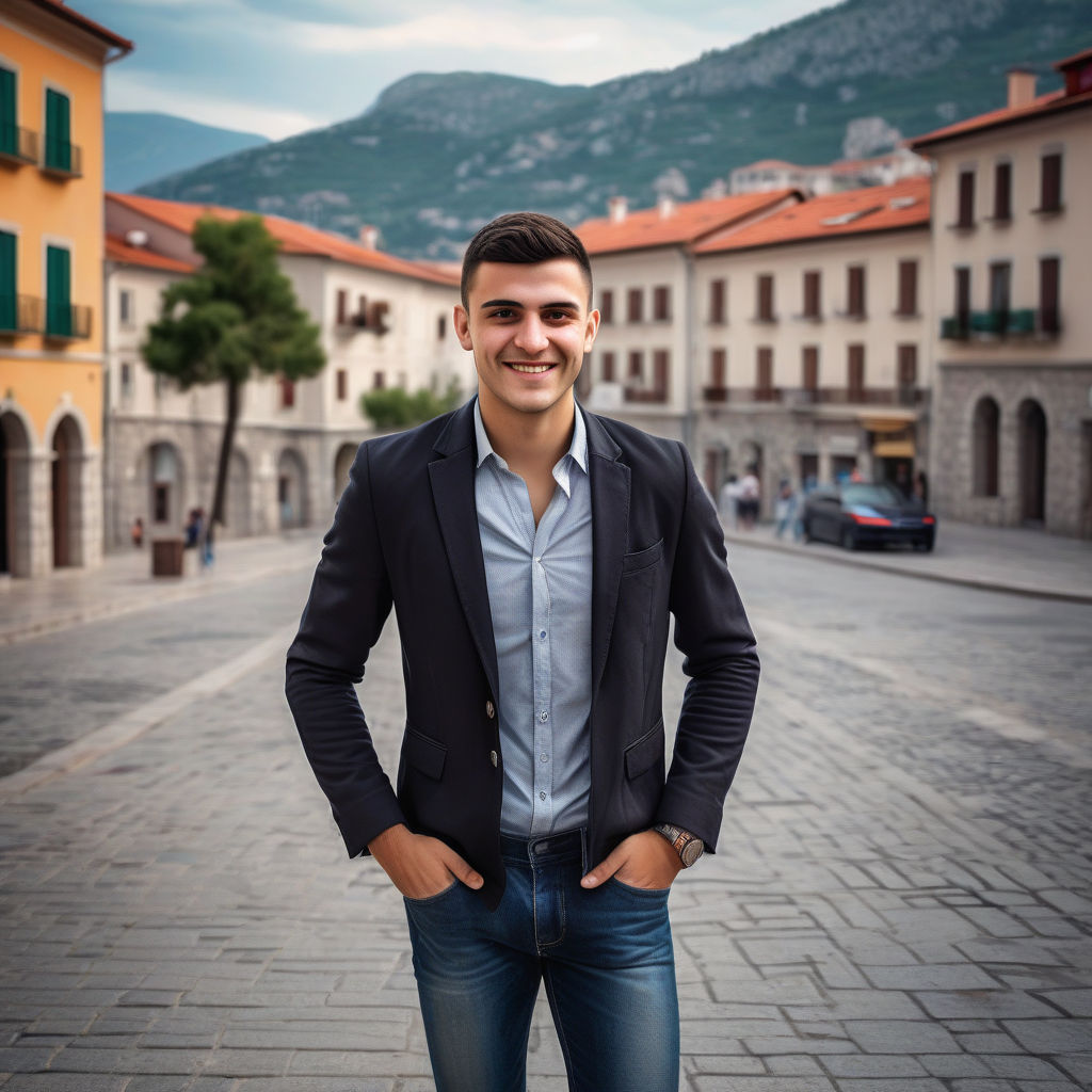 a young Montenegrin man in his mid-20s from Montenegro. He has short, dark hair and a friendly smile. His outfit reflects modern Montenegrin fashion: he is wearing a stylish, fitted blazer over a casual shirt, paired with slim-fit jeans and leather shoes. The background features a picturesque Montenegrin street with historic buildings and a vibrant atmosphere, capturing the essence of Montenegrin culture and style.