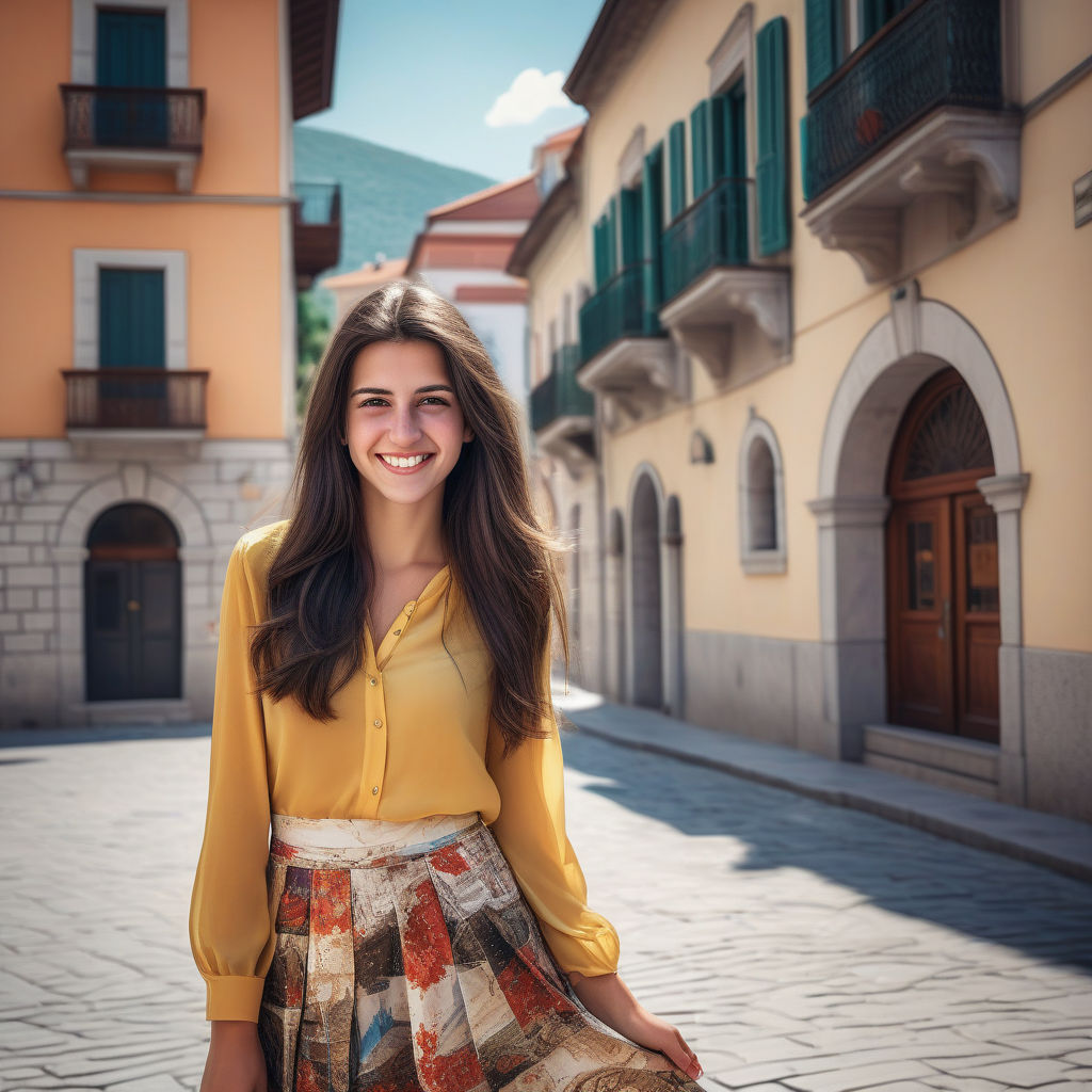 a young Montenegrin woman in her mid-20s from Montenegro. She has long, dark hair and a bright smile. Her outfit reflects modern Montenegrin fashion: she is wearing a stylish, fitted blouse paired with a fashionable skirt and heels. The background features a picturesque Montenegrin street with historic buildings and a vibrant atmosphere, capturing the essence of Montenegrin culture and style.