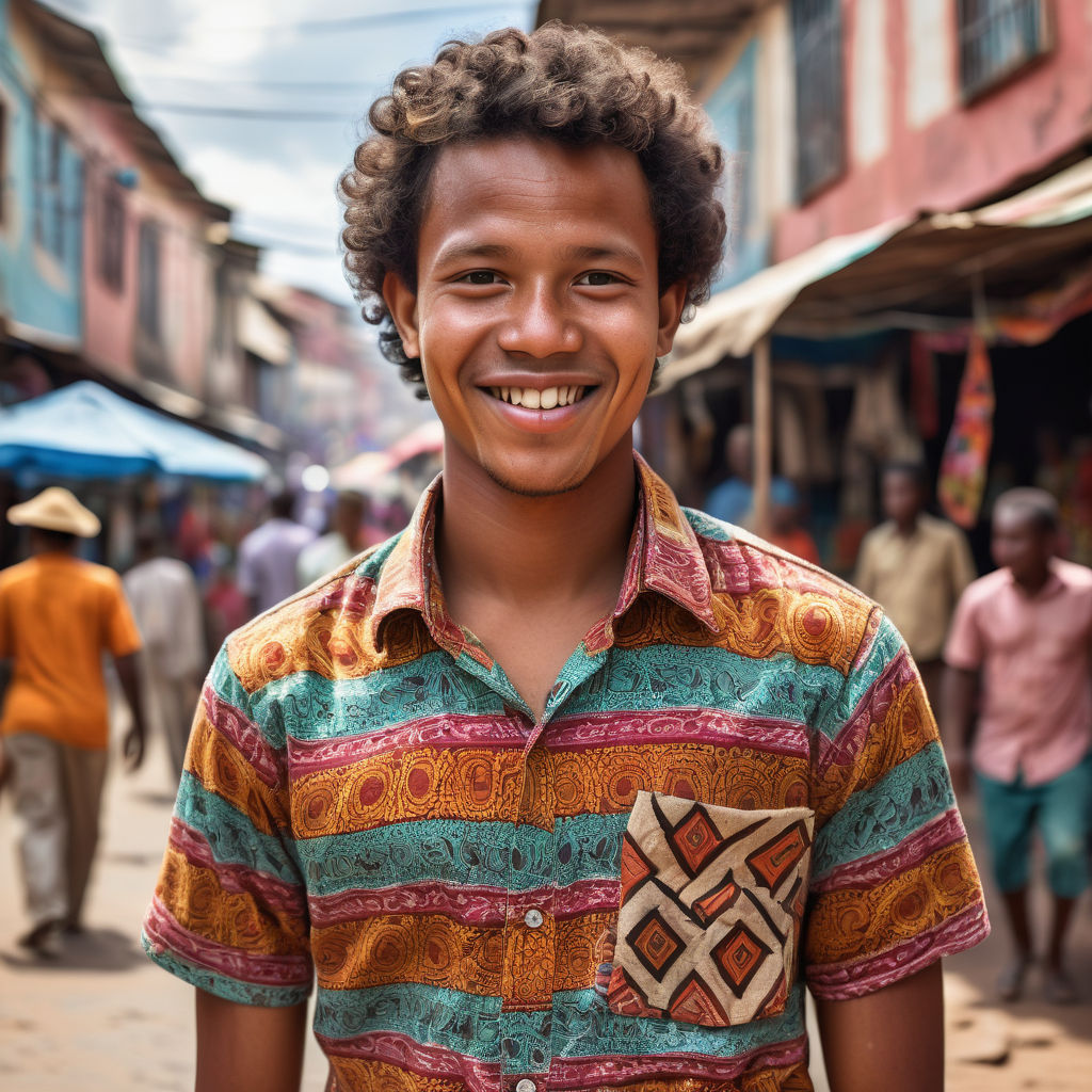 a young Malagasy man in his mid-20s from Madagascar. He has short, curly black hair and a warm smile. His outfit reflects modern Malagasy fashion: he is wearing a traditional lamba shirt with vibrant patterns, paired with casual trousers and sandals. The background features a lively Malagasy street with bustling markets and traditional architecture, capturing the essence of Malagasy culture and style.