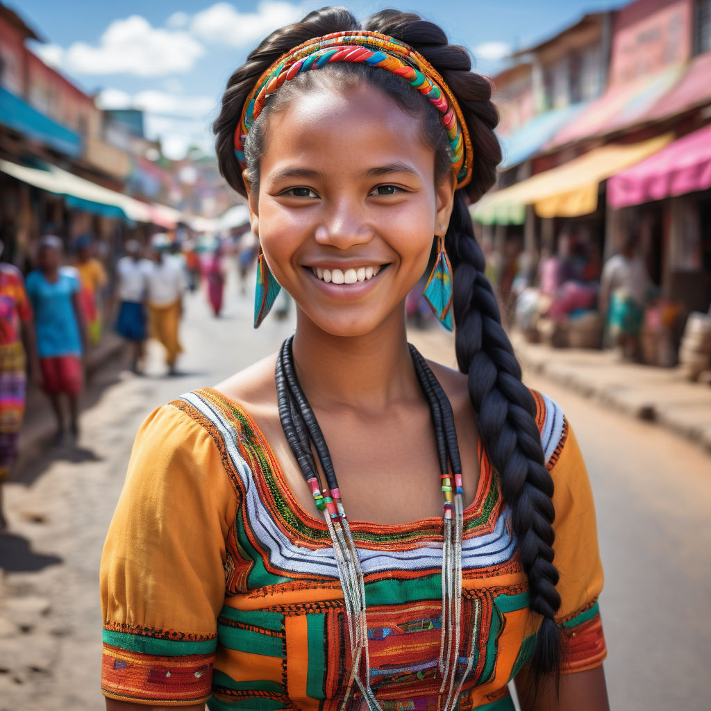 a young Malagasy woman in her mid-20s from Madagascar. She has long, braided black hair and a bright smile. Her outfit reflects modern Malagasy fashion: she is wearing a traditional lamba dress with vibrant patterns, paired with traditional jewelry. The background features a lively Malagasy street with bustling markets and traditional architecture, capturing the essence of Malagasy culture and style.