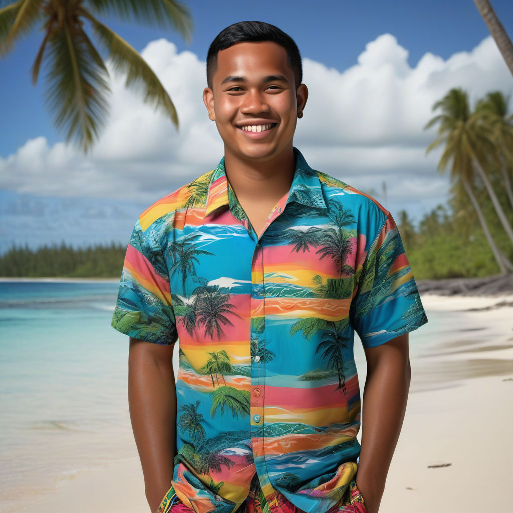 a young Marshallese man in his mid-20s from the Marshall Islands. He has short, wavy black hair and a friendly, relaxed smile. His outfit reflects traditional Marshallese fashion: he is wearing a brightly colored, tropical shirt with island patterns, paired with casual shorts and flip-flops. The background features a picturesque Marshall Islands beach with clear blue waters and lush palm trees, capturing the essence of Marshallese culture and style.