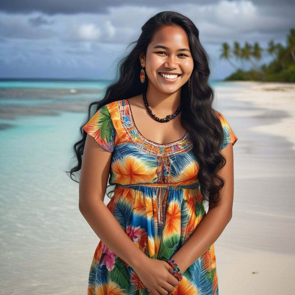 a young Marshallese woman in her mid-20s from the Marshall Islands. She has long, wavy black hair and a warm, radiant smile. Her outfit reflects traditional Marshallese fashion: she is wearing a colorful, tropical dress with island patterns, paired with simple jewelry and sandals. The background features a beautiful Marshall Islands beach with clear blue waters and lush palm trees, capturing the essence of Marshallese culture and style.