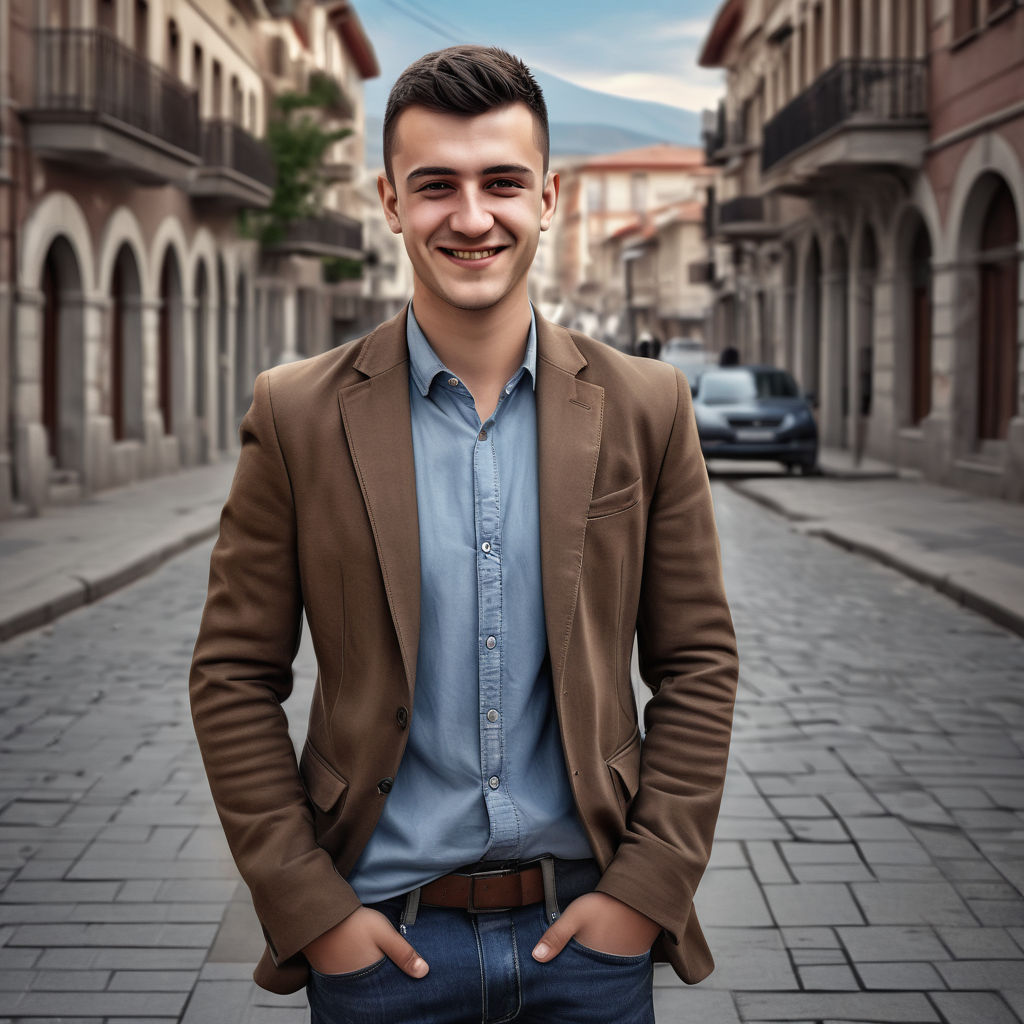 a young North Macedonian man in his mid-20s. He has short, dark hair and a friendly smile. His outfit reflects modern North Macedonian fashion: he is wearing a stylish, fitted blazer over a casual shirt, paired with slim-fit jeans and leather shoes. The background features a picturesque North Macedonian street with historic buildings and a vibrant atmosphere, capturing the essence of North Macedonian culture and style.