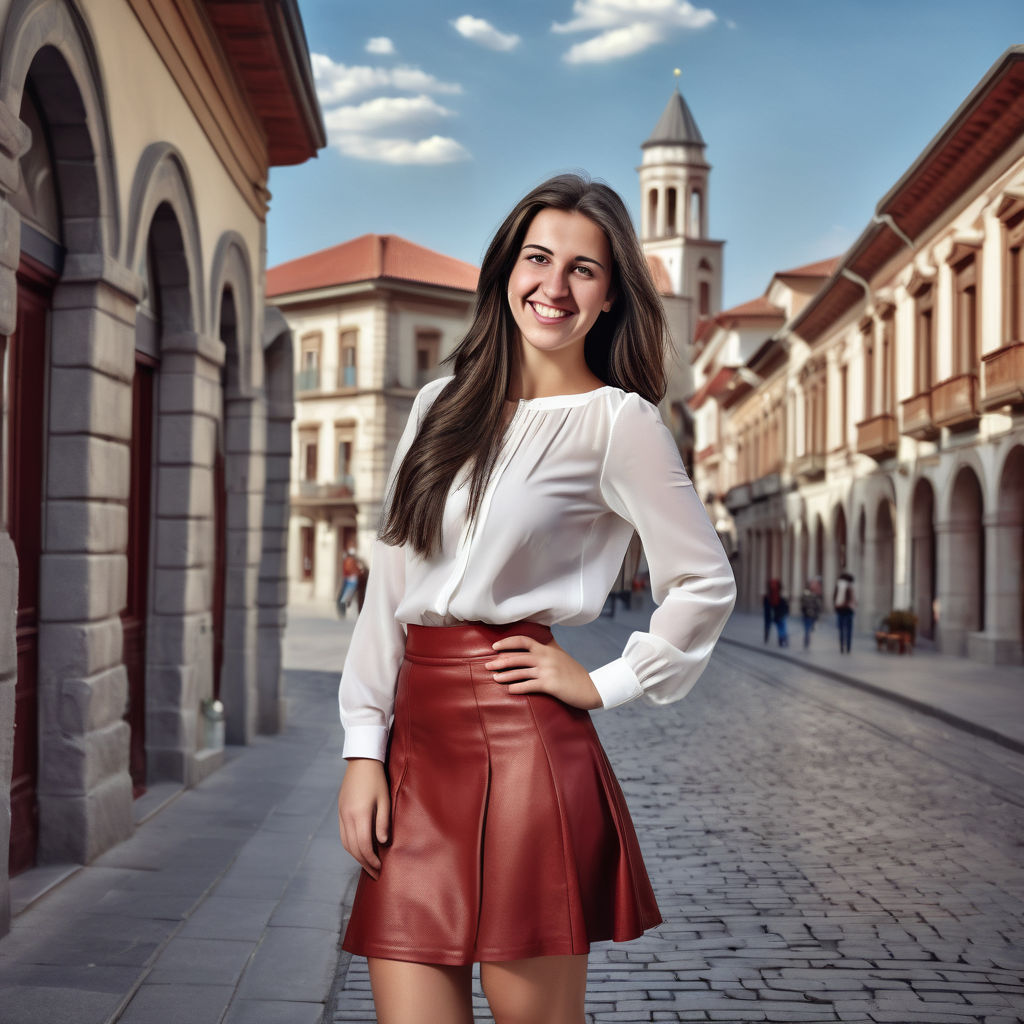 a young North Macedonian woman in her mid-20s. She has long, dark hair and a bright smile. Her outfit reflects modern North Macedonian fashion: she is wearing a stylish, fitted blouse paired with a fashionable skirt and ankle boots. The background features a picturesque North Macedonian street with historic buildings and a vibrant atmosphere, capturing the essence of North Macedonian culture and style.