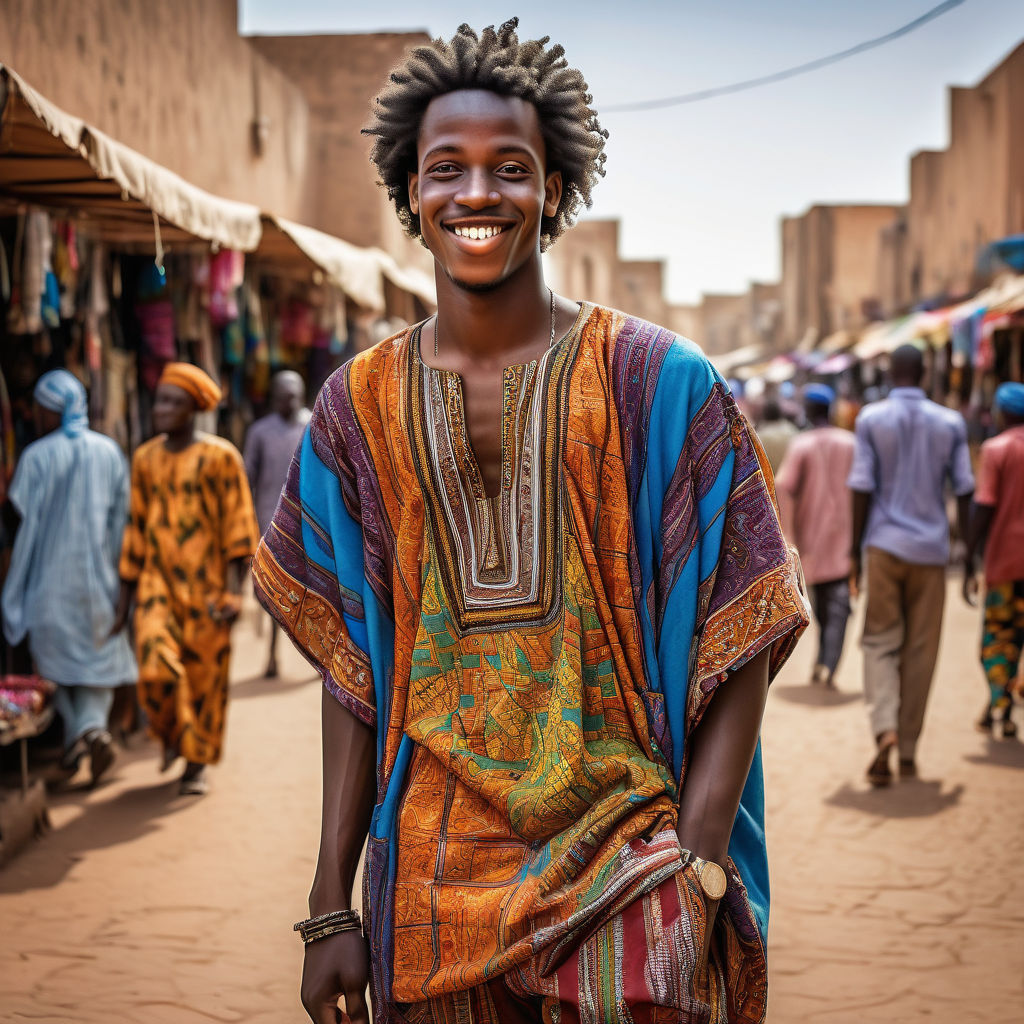 a young Malian man in his mid-20s. He has short, curly black hair and a warm smile. His outfit reflects traditional Malian fashion: he is wearing a colorful boubou with intricate patterns, paired with comfortable trousers and leather sandals. The background features a lively Malian street with bustling markets and traditional architecture, capturing the essence of Malian culture and style.