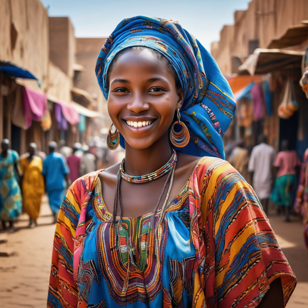 a young Malian woman in her mid-20s. She has long, braided black hair and a bright smile. Her outfit reflects traditional Malian fashion: she is wearing a colorful boubou dress with intricate patterns, paired with traditional jewelry. The background features a lively Malian street with bustling markets and traditional architecture, capturing the essence of Malian culture and style.