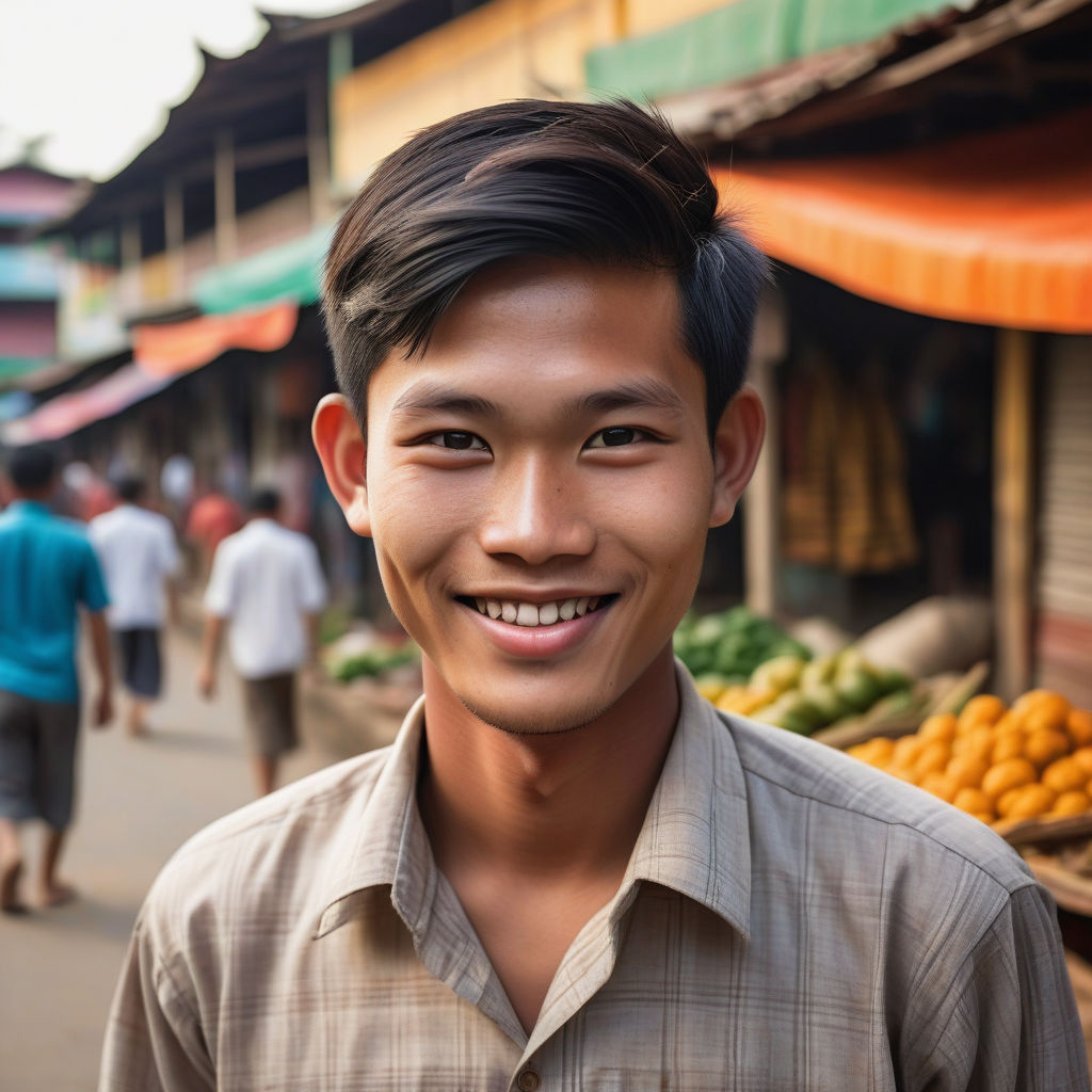 a young Burmese man in his mid-20s. He has short, black hair and a warm smile. His outfit reflects traditional Burmese fashion: he is wearing a longyi, paired with a simple, traditional shirt. The background features a vibrant Burmese street with pagodas and bustling markets, capturing the essence of Burmese culture and style.