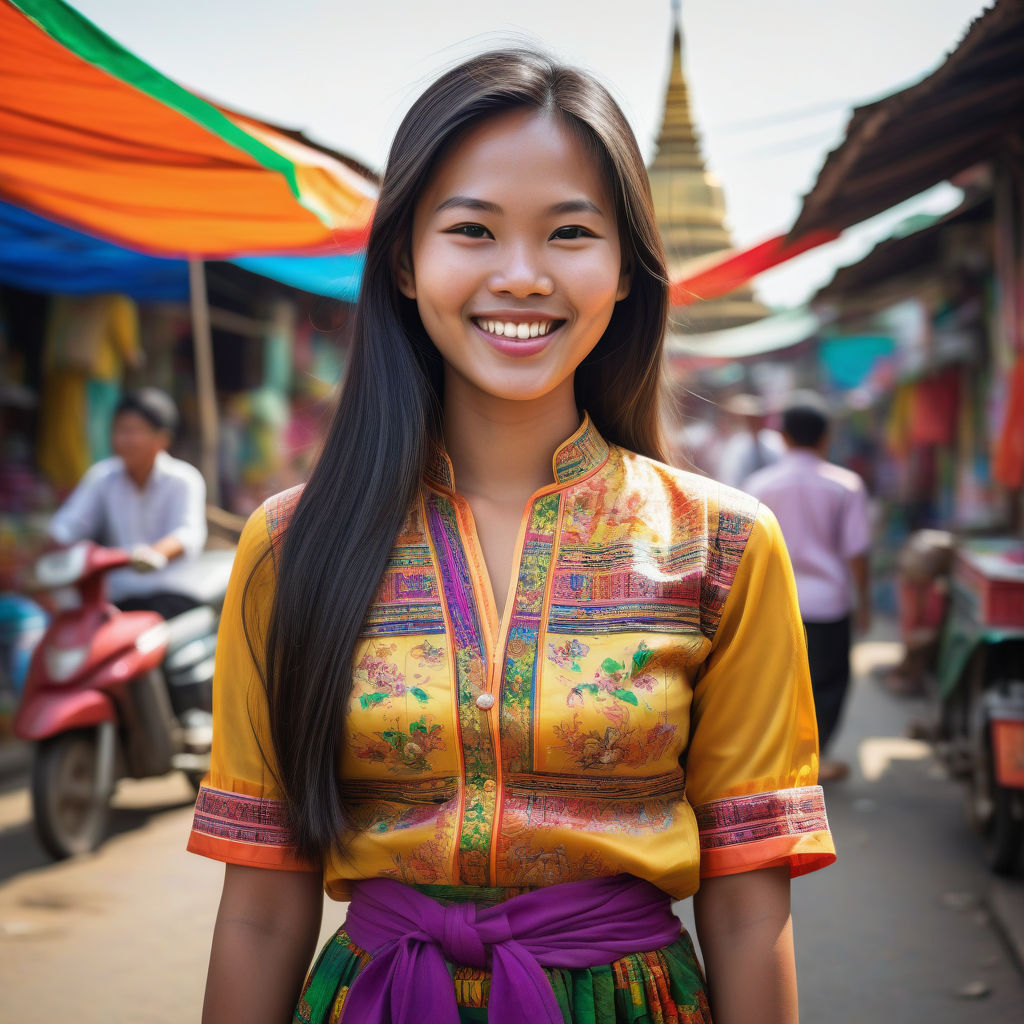 a young Burmese woman in her mid-20s. She has long, dark hair and a bright smile. Her outfit reflects traditional Burmese fashion: she is wearing a colorful longyi paired with a fitted blouse. The background features a vibrant Burmese street with pagodas and bustling markets, capturing the essence of Burmese culture and style.