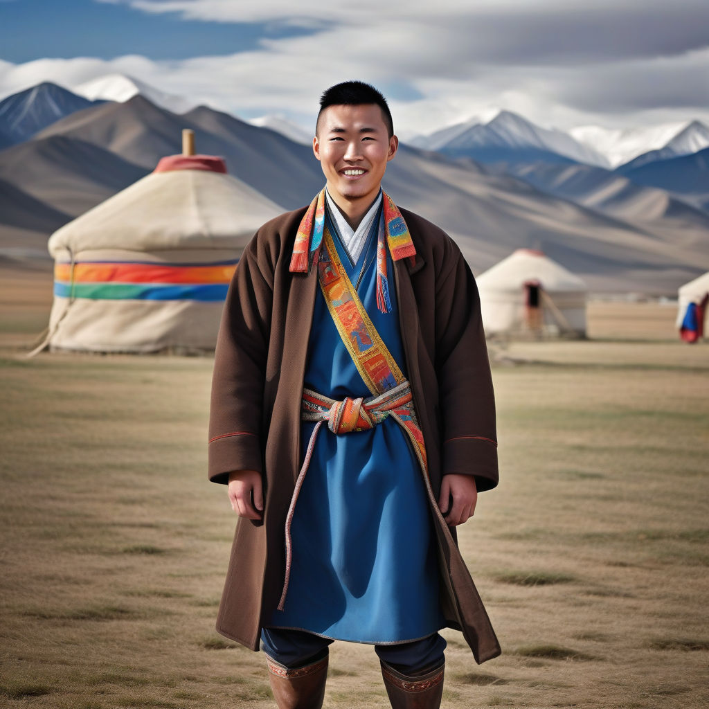 a young Mongolian man in his mid-20s from Mongolia. He has short, dark hair and a friendly smile. His outfit reflects traditional Mongolian fashion: he is wearing a deel, a long traditional coat with a colorful sash, paired with traditional boots. The background features a picturesque Mongolian landscape with yurts and mountains, capturing the essence of Mongolian culture and style.