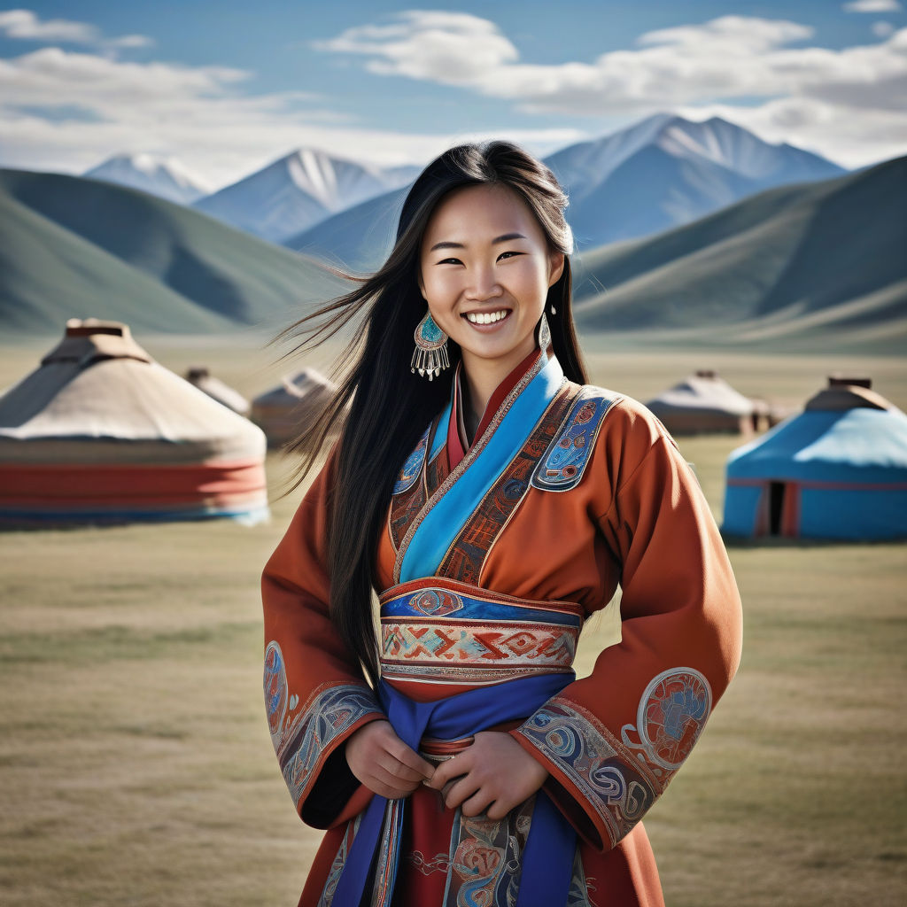 a young Mongolian woman in her mid-20s from Mongolia. She has long, dark hair and a bright smile. Her outfit reflects traditional Mongolian fashion: she is wearing a deel, a long traditional dress with intricate patterns, paired with traditional jewelry and a sash. The background features a picturesque Mongolian landscape with yurts and mountains, capturing the essence of Mongolian culture and style.