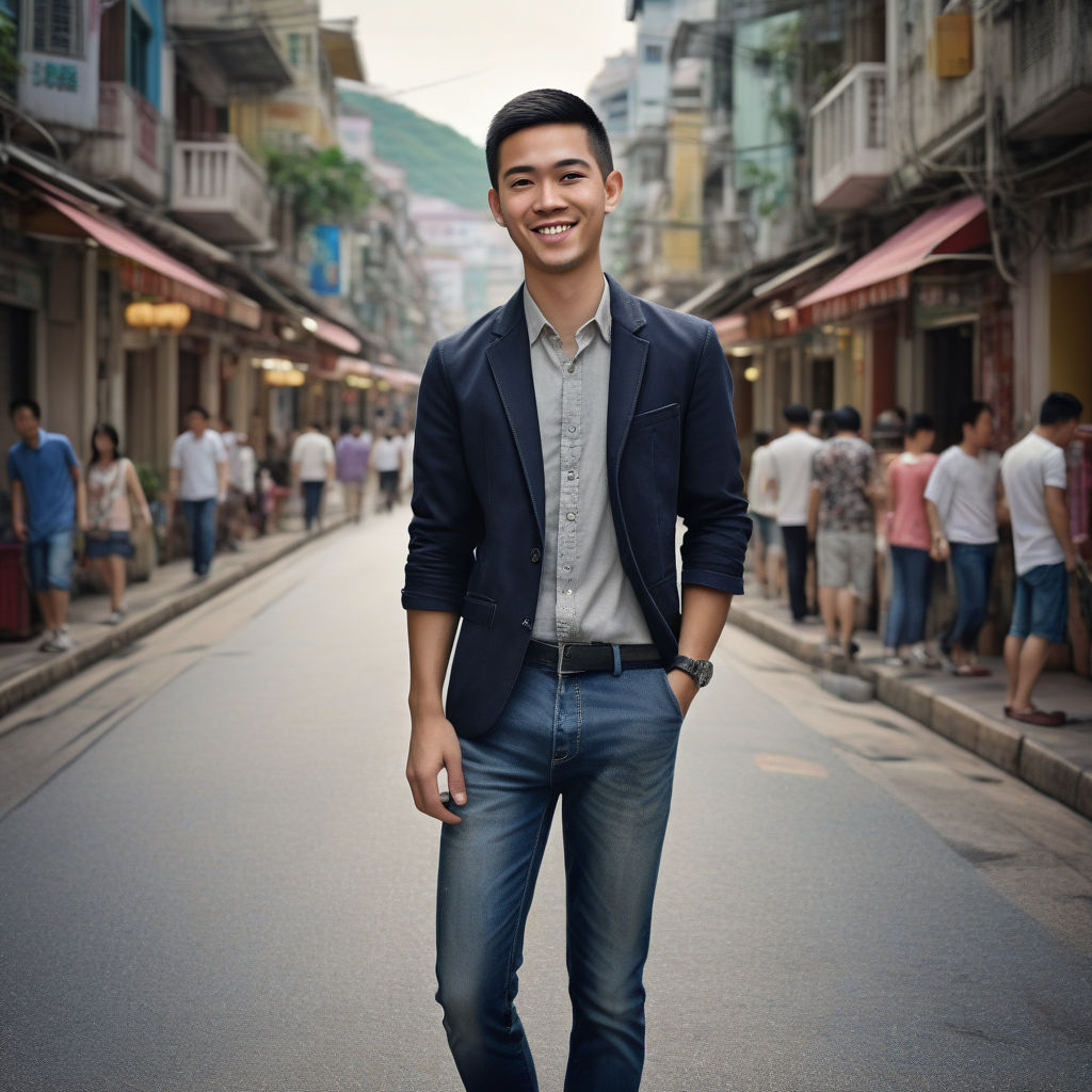 a young Macanese man in his mid-20s from Macau. He has short, dark hair and a friendly smile. His outfit reflects modern Macanese fashion: he is wearing a stylish, fitted blazer over a casual shirt, paired with slim-fit jeans and leather shoes. The background features a picturesque street in Macau with a blend of historic Portuguese and Chinese architecture, capturing the essence of Macanese culture and style.