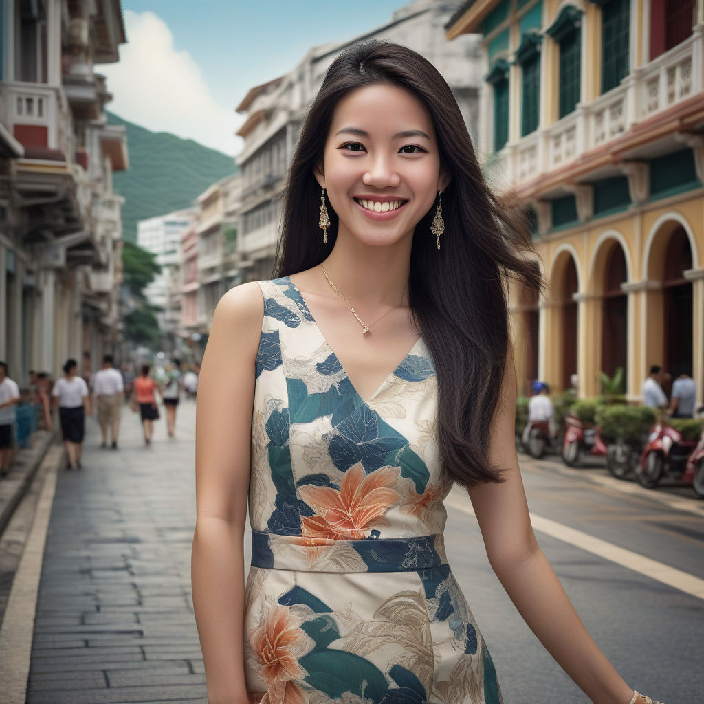 a young Macanese woman in her mid-20s from Macau. She has long, dark hair and a bright smile. Her outfit reflects modern Macanese fashion: she is wearing a stylish, fitted dress paired with fashionable accessories and heels. The background features a picturesque street in Macau with a blend of historic Portuguese and Chinese architecture, capturing the essence of Macanese culture and style.