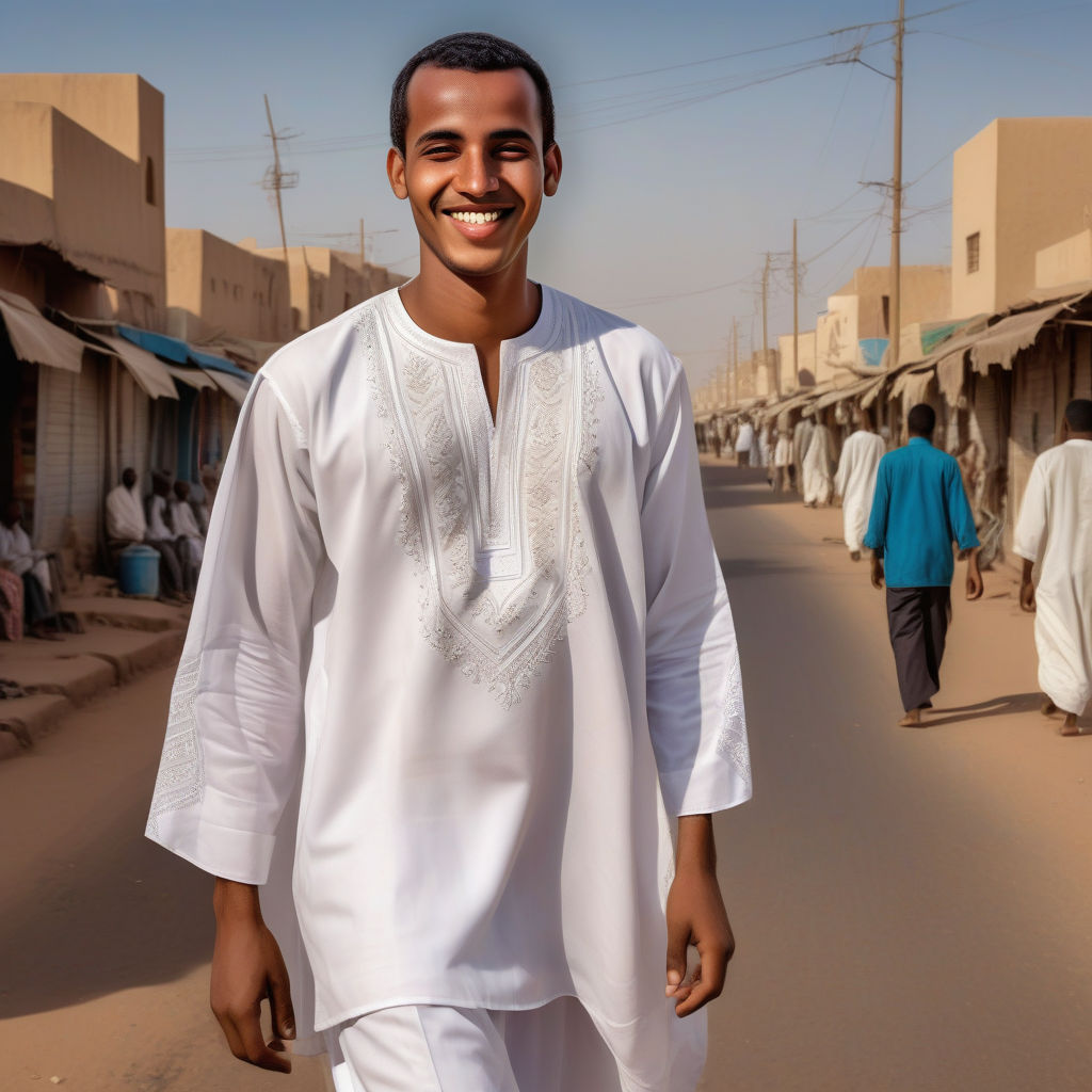 a young Mauritanian man in his mid-20s from Mauritania. He has short, dark hair and a warm smile. His outfit reflects traditional Mauritanian fashion: he is wearing a white boubou with intricate embroidery, paired with comfortable trousers and leather sandals. The background features a lively Mauritanian street with bustling markets and traditional architecture, capturing the essence of Mauritanian culture and style.