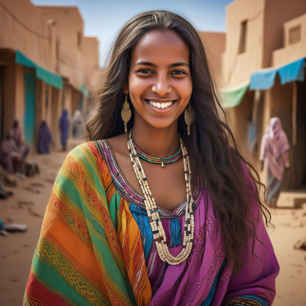 a young Mauritanian woman in her mid-20s from Mauritania. She has long, dark hair and a bright smile. Her outfit reflects traditional Mauritanian fashion: she is wearing a colorful melfa (traditional wrap dress) with intricate patterns, paired with traditional jewelry. The background features a lively Mauritanian street with bustling markets and traditional architecture, capturing the essence of Mauritanian culture and style.