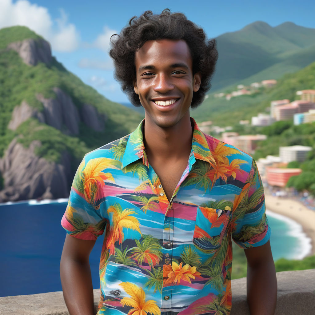 a young Montserratian man in his mid-20s from Montserrat. He has short, curly black hair and a bright, friendly smile. His outfit reflects traditional Montserratian fashion: he is wearing a colorful, tropical shirt with island patterns, paired with casual shorts and sandals. The background features a picturesque Montserratian beach with clear blue waters and lush palm trees, capturing the essence of Montserratian culture and style.