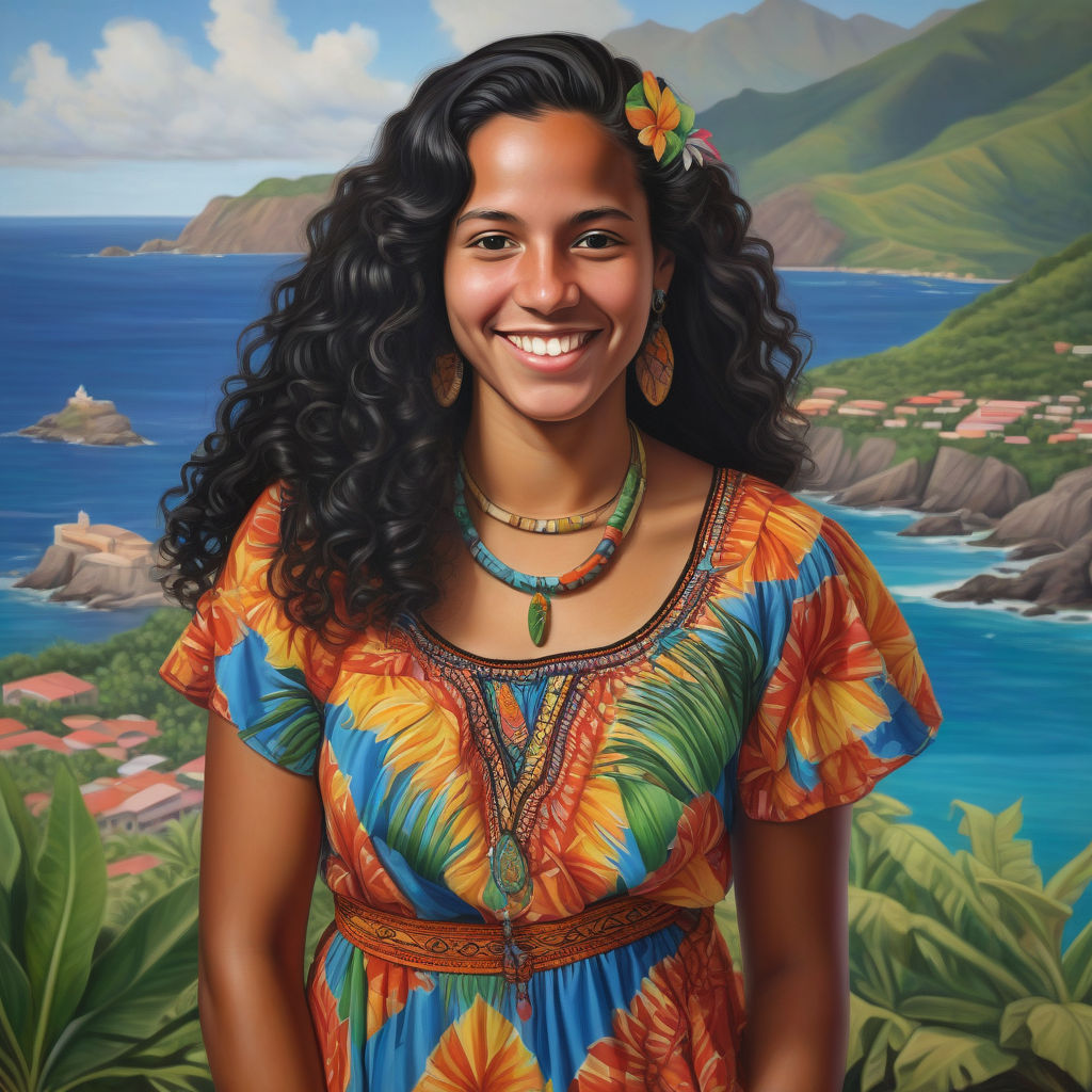 a young Montserratian woman in her mid-20s from Montserrat. She has long, curly black hair and a warm, radiant smile. Her outfit reflects traditional Montserratian fashion: she is wearing a colorful, tropical dress with island patterns, paired with simple jewelry and sandals. The background features a beautiful Montserratian beach with clear blue waters and lush palm trees, capturing the essence of Montserratian culture and style.