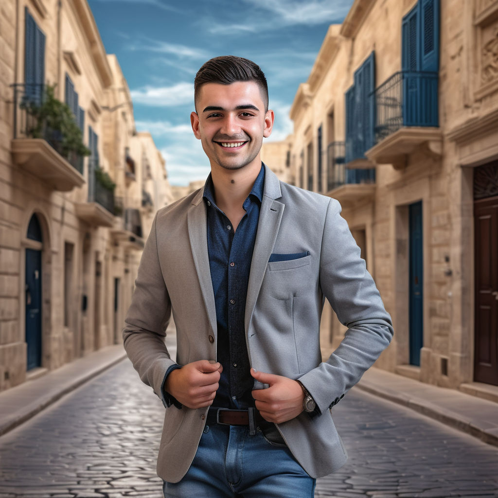 a young Maltese man in his mid-20s from Malta. He has short, dark hair and a friendly smile. His outfit reflects modern Maltese fashion: he is wearing a stylish, fitted blazer over a casual shirt, paired with slim-fit jeans and leather shoes. The background features a picturesque Maltese street with historic buildings and a vibrant atmosphere, capturing the essence of Maltese culture and style.