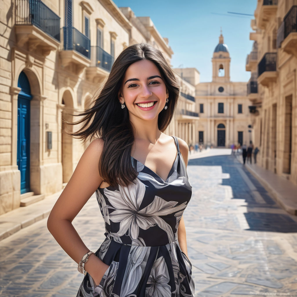 a young Maltese woman in her mid-20s from Malta. She has long, dark hair and a bright smile. Her outfit reflects modern Maltese fashion: she is wearing a stylish, fitted dress paired with fashionable accessories and heels. The background features a picturesque Maltese street with historic buildings and a vibrant atmosphere, capturing the essence of Maltese culture and style.