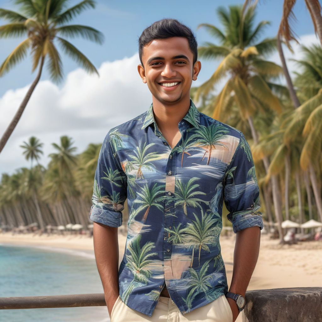 a young Mauritian man in his mid-20s from Mauritius. He has short, dark hair and a friendly smile. His outfit reflects modern Mauritian fashion: he is wearing a casual, fitted shirt with a tropical print, paired with lightweight trousers and stylish loafers. The background features a picturesque Mauritian beach with palm trees and clear blue water, capturing the essence of Mauritian culture and style.