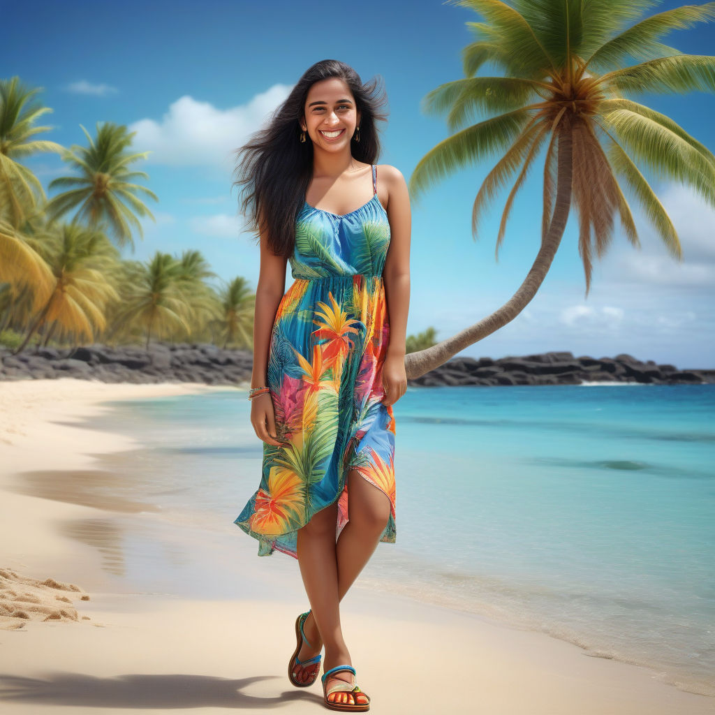 a young Mauritian woman in her mid-20s from Mauritius. She has long, dark hair and a bright smile. Her outfit reflects modern Mauritian fashion: she is wearing a colorful, tropical sundress paired with stylish sandals. The background features a picturesque Mauritian beach with palm trees and clear blue water, capturing the essence of Mauritian culture and style.