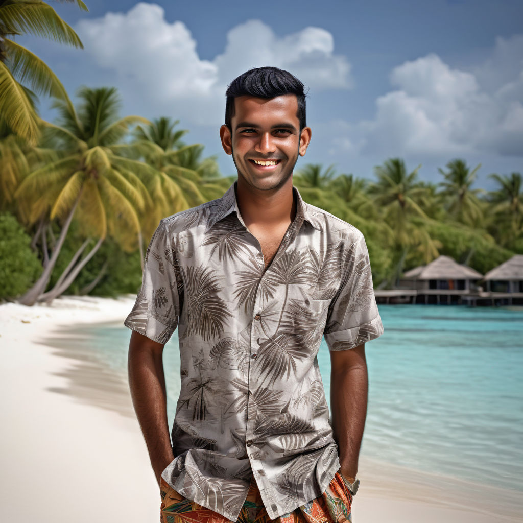 a young Maldivian man in his mid-20s from the Maldives. He has short, dark hair and a warm smile. His outfit reflects modern Maldivian fashion: he is wearing a lightweight, short-sleeved shirt with tropical patterns paired with a traditional sarong (mundu) and sandals. The background features a picturesque Maldivian beach with palm trees and clear blue water, capturing the essence of Maldivian culture and style.