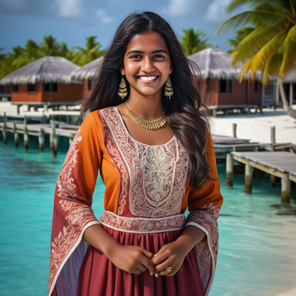 a young Maldivian woman in her mid-20s from the Maldives. She has long, dark hair and a bright smile. Her outfit reflects modern Maldivian fashion: she is wearing a traditional Dhivehi libaas, a long, flowing dress with intricate embroidery, paired with traditional jewelry. The background features a picturesque Maldivian beach with palm trees and clear blue water, capturing the essence of Maldivian culture and style.