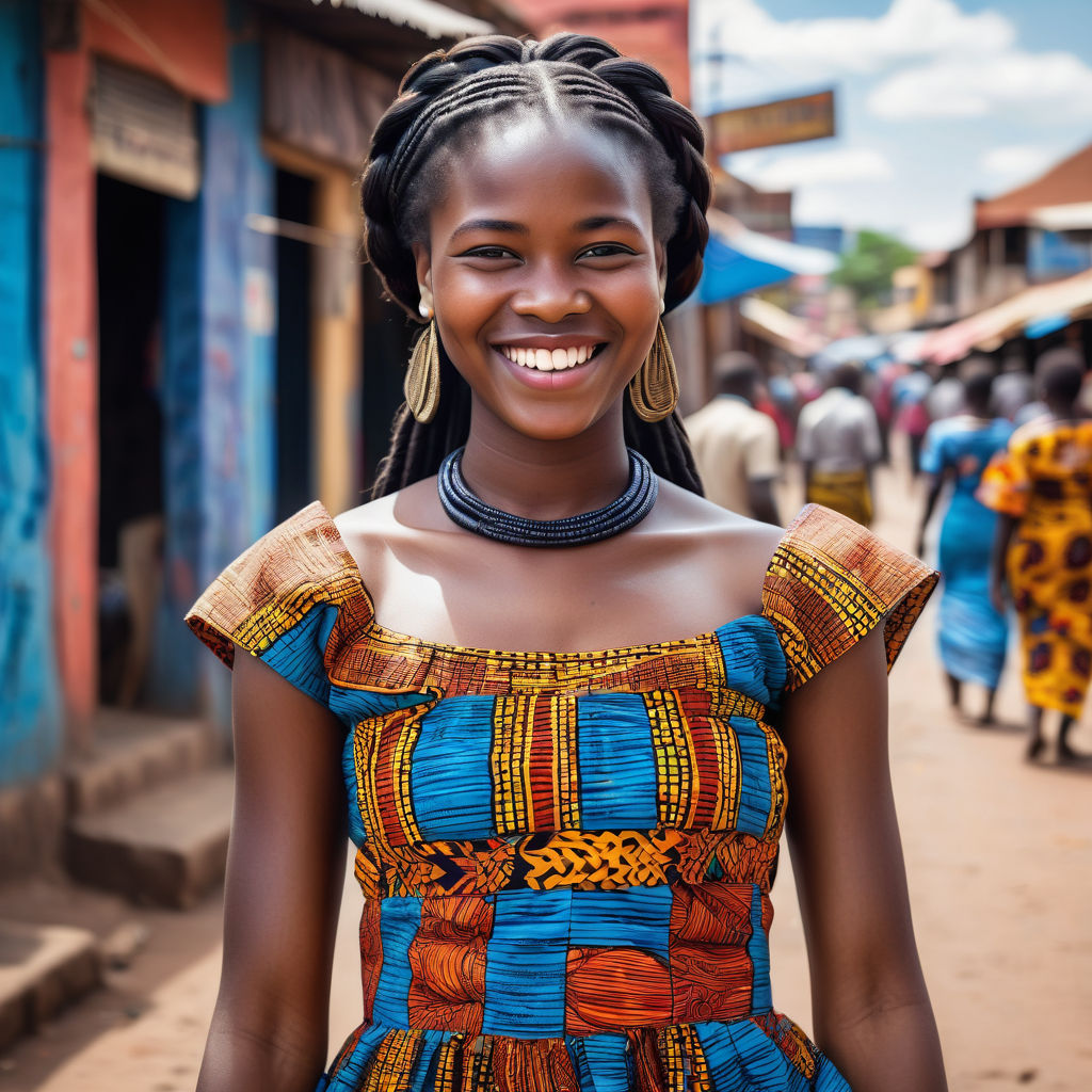 a young Malawian woman in her mid-20s. She has long, braided black hair and a bright smile. Her outfit reflects modern Malawian fashion: she is wearing a traditional chitenge dress with vibrant patterns, paired with traditional jewelry. The background features a lively Malawian street with bustling markets and traditional architecture, capturing the essence of Malawian culture and style.