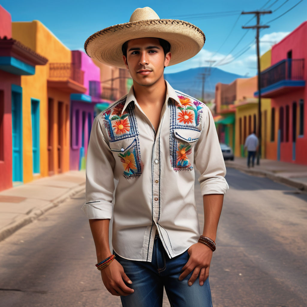 a young Mexican man in his mid-20s. He has short, dark hair, tanned skin, and brown eyes. Dressed in casual Mexican fashion, wearing a stylish embroidered guayabera shirt, dark jeans. He accessorizes with a woven bracelet and a traditional sombrero. The background features a vibrant street scene with colorful buildings and festive decorations, reflecting the lively and rich cultural heritage of Mexico.