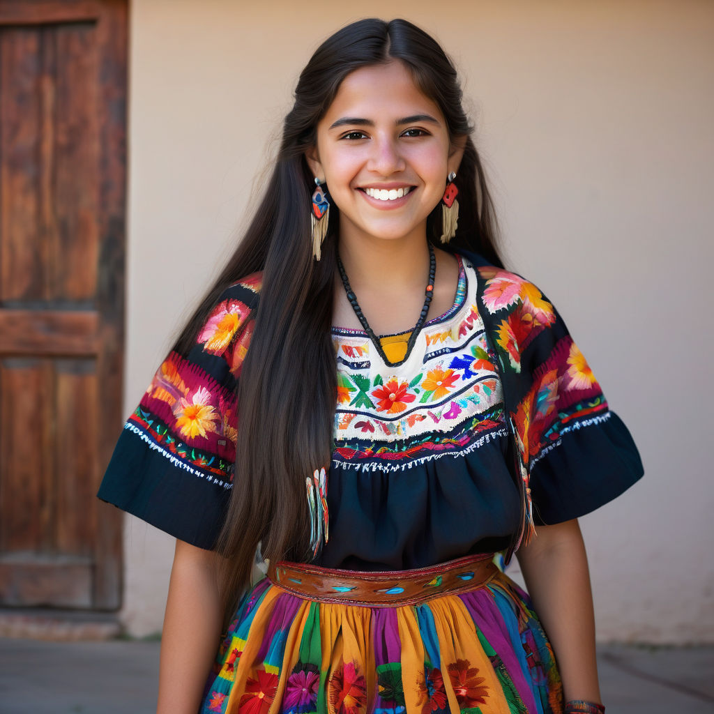 a young Mexican woman in her mid-20s. She has long, dark hair, brown eyes, and a warm smile. She is dressed in traditional Mexican fashion, wearing a colorful embroidered blouse, a long flowing skirt with vibrant patterns, and leather huarache sandals. She accessorizes with beaded jewelry and a woven shawl. The background features a picturesque Mexican plaza with colorful buildings, traditional decorations, and festive atmosphere, capturing the essence of Mexican culture.