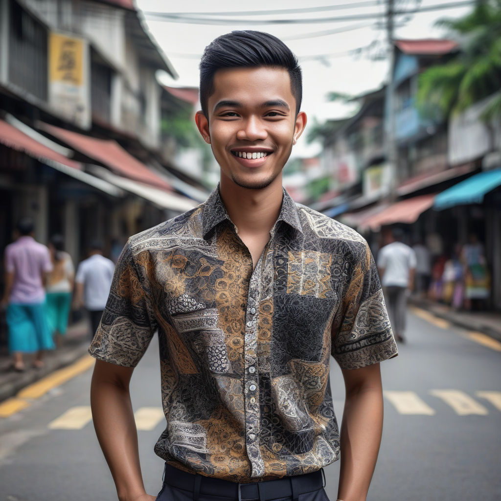 a young Malaysian man in his mid-20s. He has short, black hair and a friendly smile. His outfit reflects modern Malaysian fashion: he is wearing a casual batik shirt with traditional patterns, paired with slim-fit trousers and casual shoes. The background features a bustling Malaysian street with a mix of modern and traditional elements, capturing the essence of Malaysian culture and style.